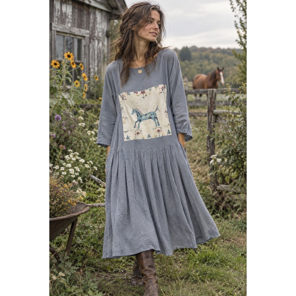 VTG BlueFish Boho Lagenlook Maxi Dress OS Art to Wear Artisan Horse Primitive